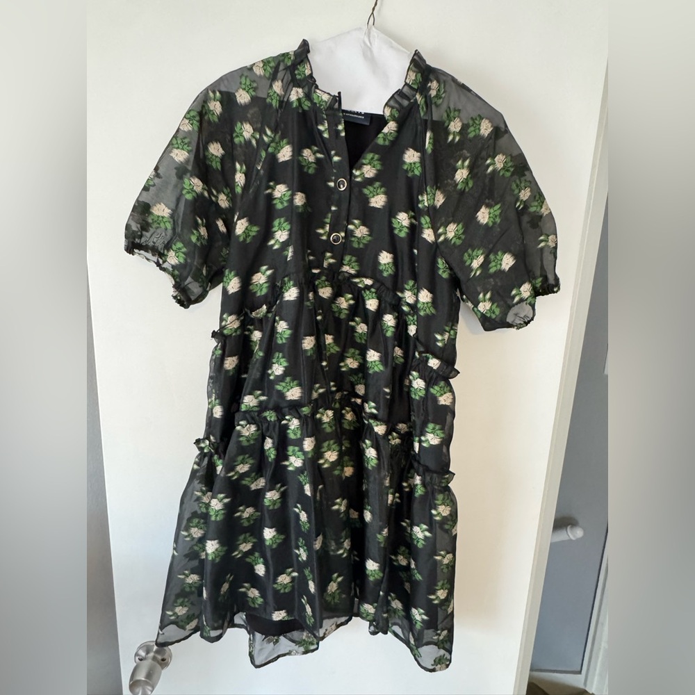 Anthropologie Maeve Black Dress with Green and White Floral